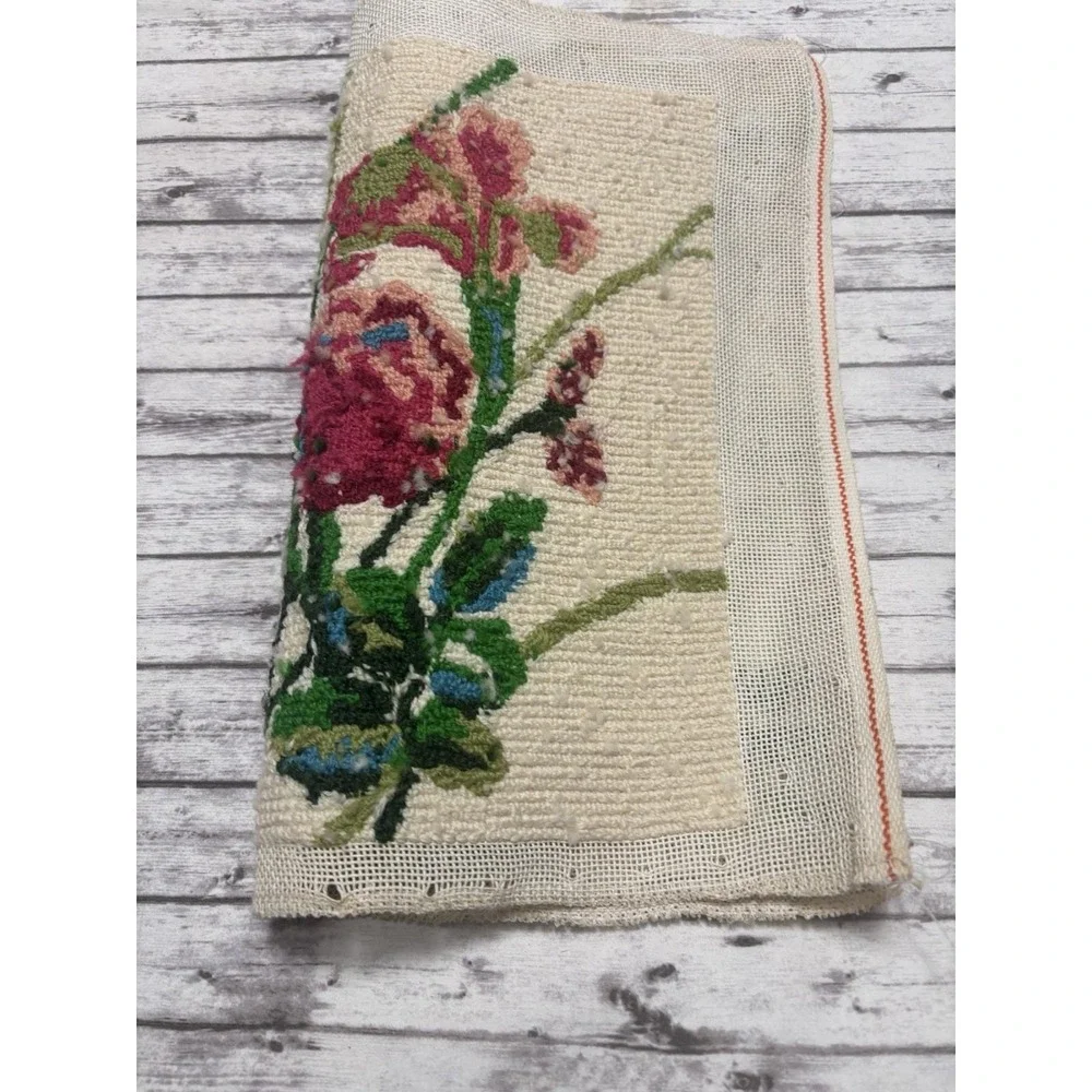 Original Vintage Hand Embroidery Yarn Needlepoint Pansies Flower 14x17